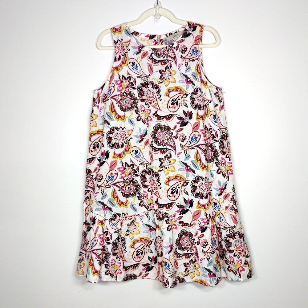 LOFT Linen Blend Tank Dress Ruffle Hem‎ Floral Print Pink 8 Resort Wear Vacation